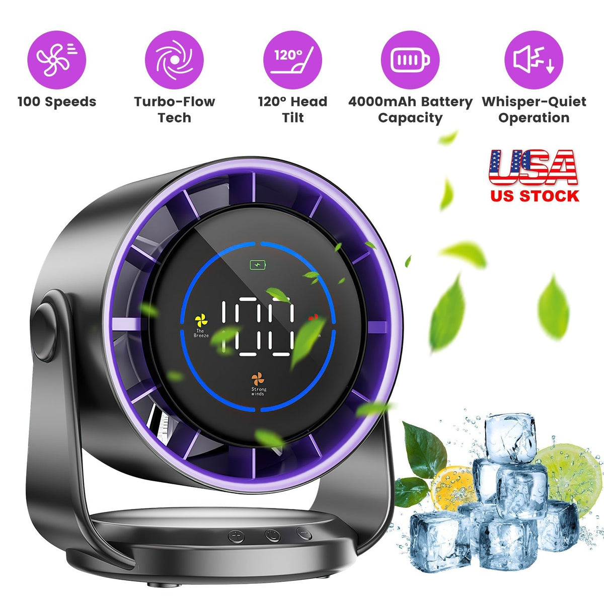 100 Speeds Desk Fan Battery Operated Wall Mounted Fan Rechargeable Mini Desk Fan with 120¼ Tilting Angle for Home Office Travel