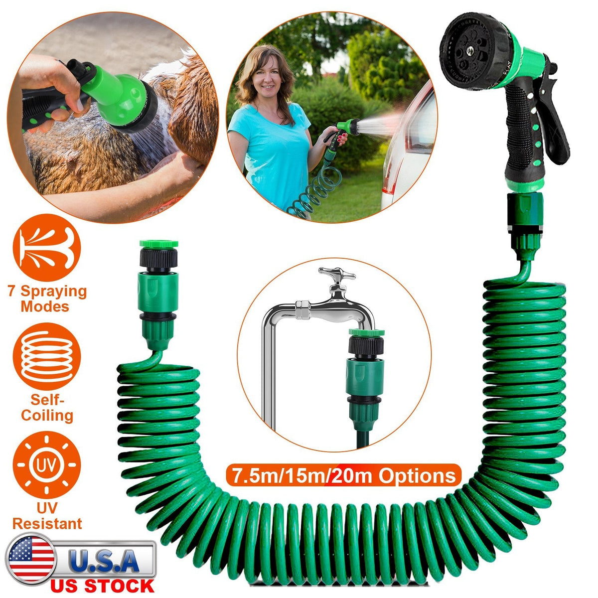 EVA Recoil Garden Hose Flexible Self-coiling Water Hose with 3/4Ó and 1/2Ó Adapter with 7 Spraying Modes for Boat Greenhouse Yard Patio