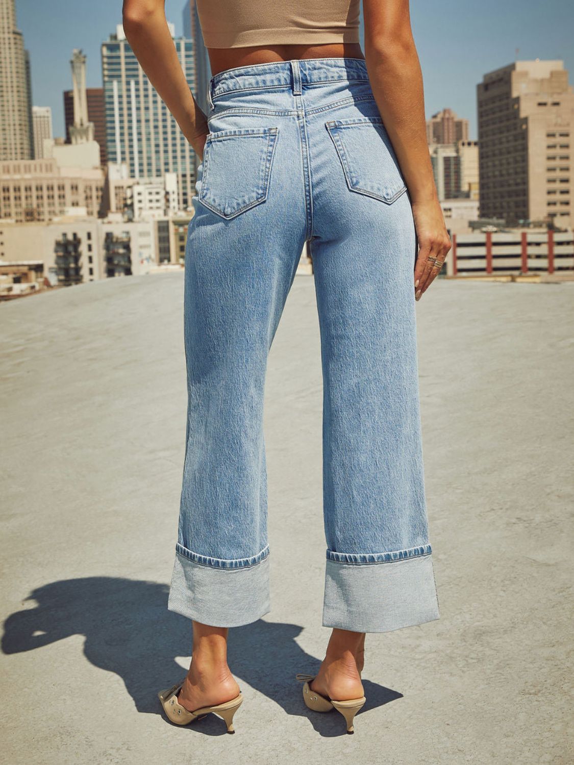 High Waisted Straight Leg Rolled Jeans