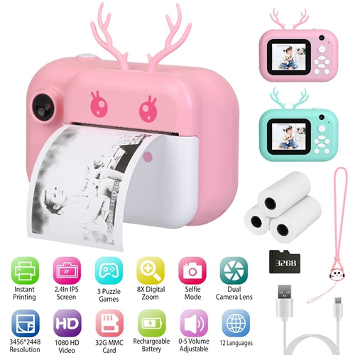 Kids Instant Print Camera 2.4in Digital Zero Ink Selfie Camera 1080P HD Video Recorder Toddler Camera with Dual Lens 3 Roll Print Papers Cute Stickers