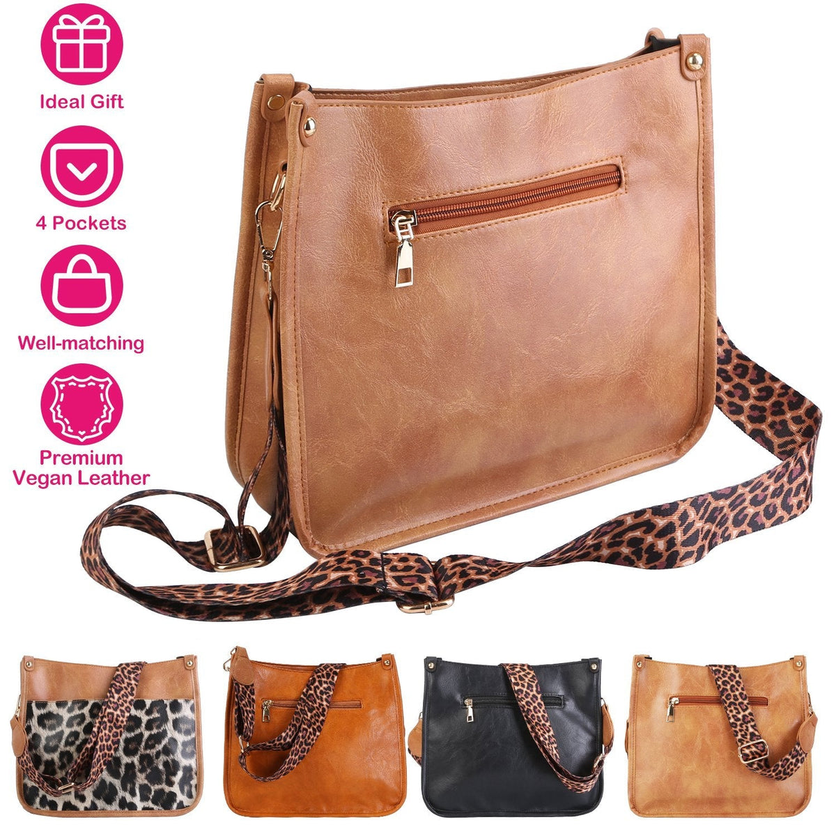 Women Fashion Leather Crossbody Bag Shoulder Bag Casual Handbag with Flexible Wearing Styles Adjustable Guitar Strap