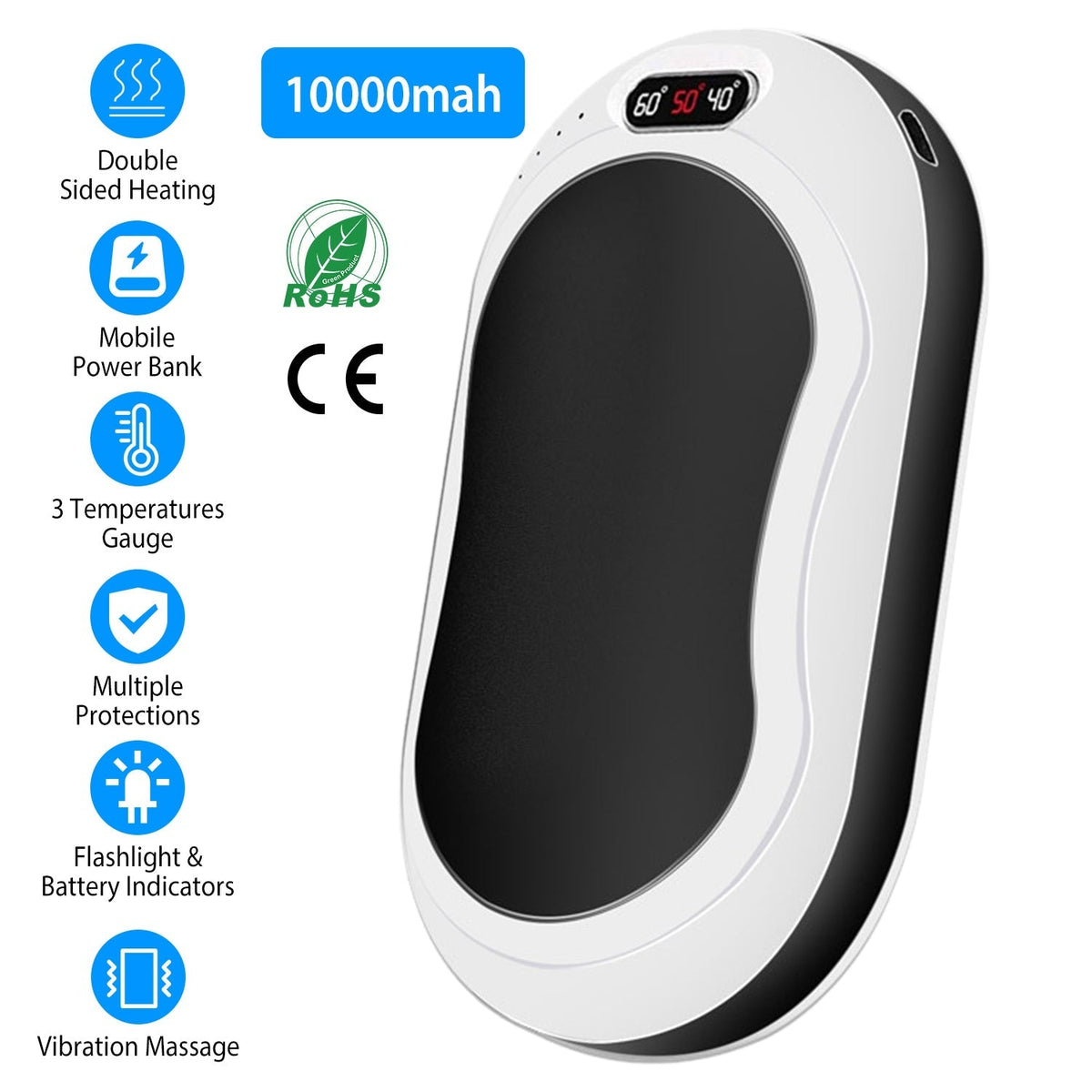 Portable Hand Warmer 10000mAh Power Bank Rechargeable Pocket Warmer Double-Sided Heating with Flashlight 3 Temperature Adjustment