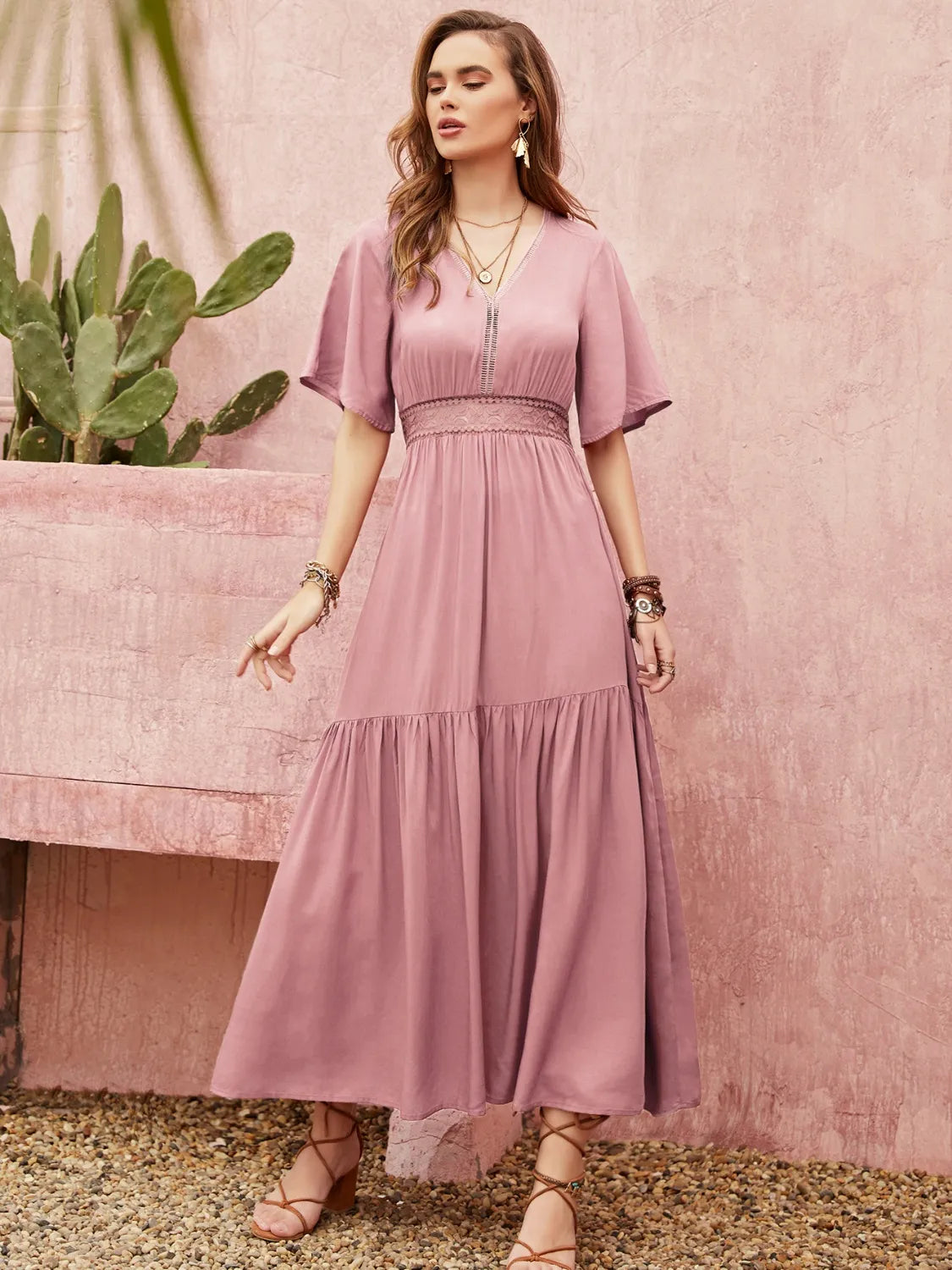 Lace Detail V-Neck Short Sleeve Dress