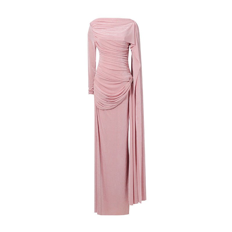 Diagonal Ruched Cape Gown | Asymmetric Draped Long Sleeve Maxi Dress(MS222)