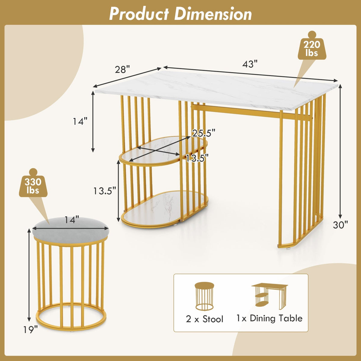 Rectangular Dining Table for 2 with 2-tier Storage Shelf for Small Space Dining Room-White