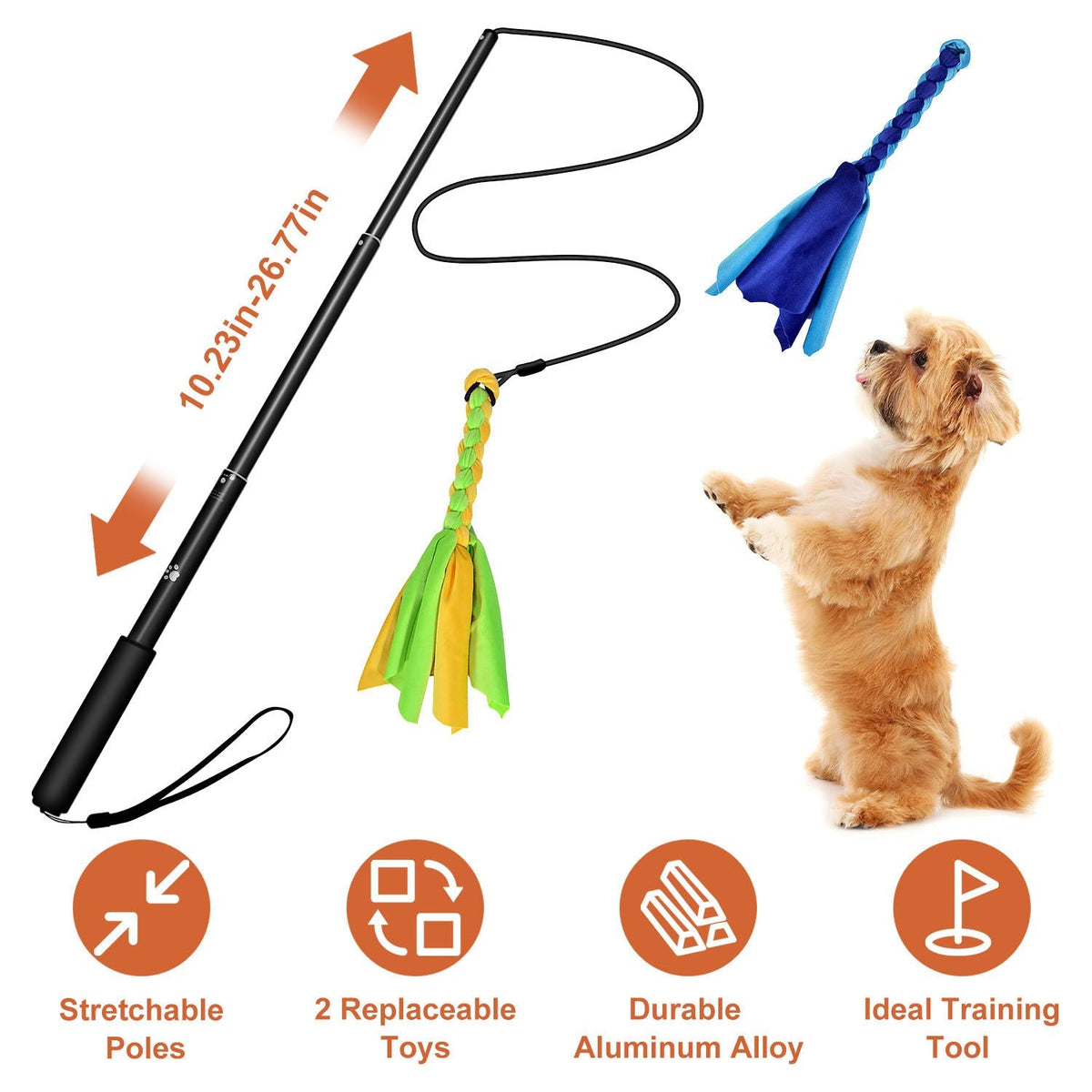 Extendable Dog Flirt Pole with Lure 10.23-26.77in Teaser Wand with 2 Replaceable Interactive Tail Toys For Small Medium Large Dogs Training Exercise T