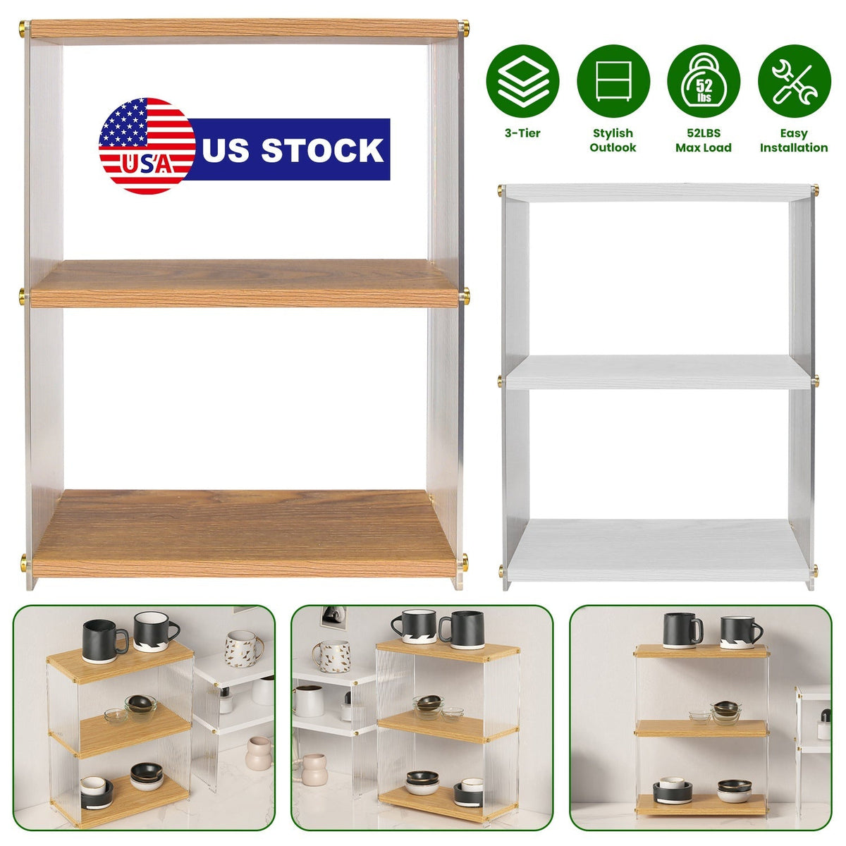 3-Tier Acrylic Countertop Organizer Bathroom Wood Counter Storage Rack Standing Vanity Cosmetics Shelf Cup Holder Desk Display Shelves