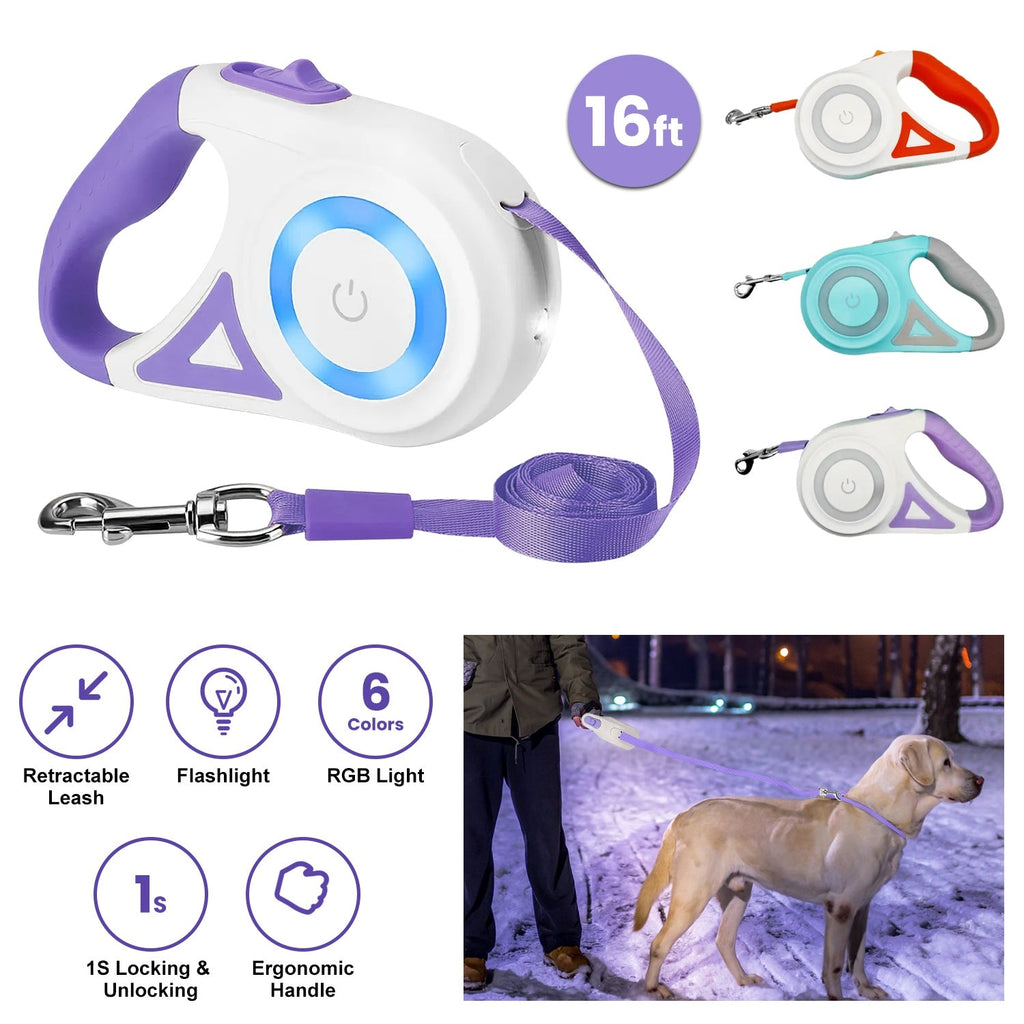 16FT Retractable Dog Leash Extendable Pet Leash Dog Walking Leash with Flashlight RGB Light 2 Rolls of Waste Bags Dispenser Fit for 66-110lbs