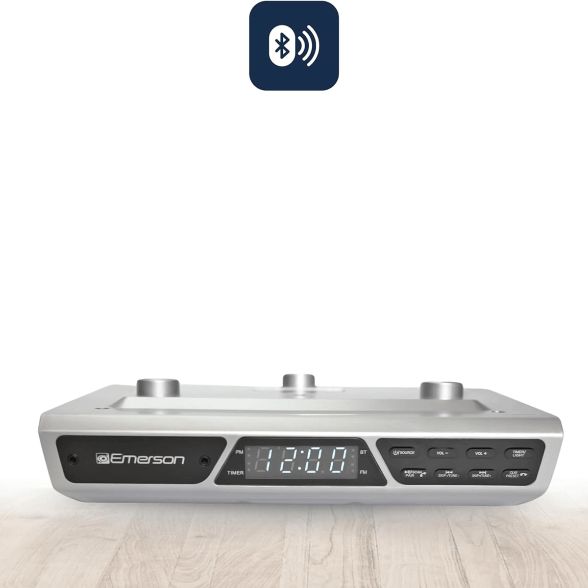 Emerson Under Cabinet FM Radio w Bluetooth, Station Memory and Clock with Timer