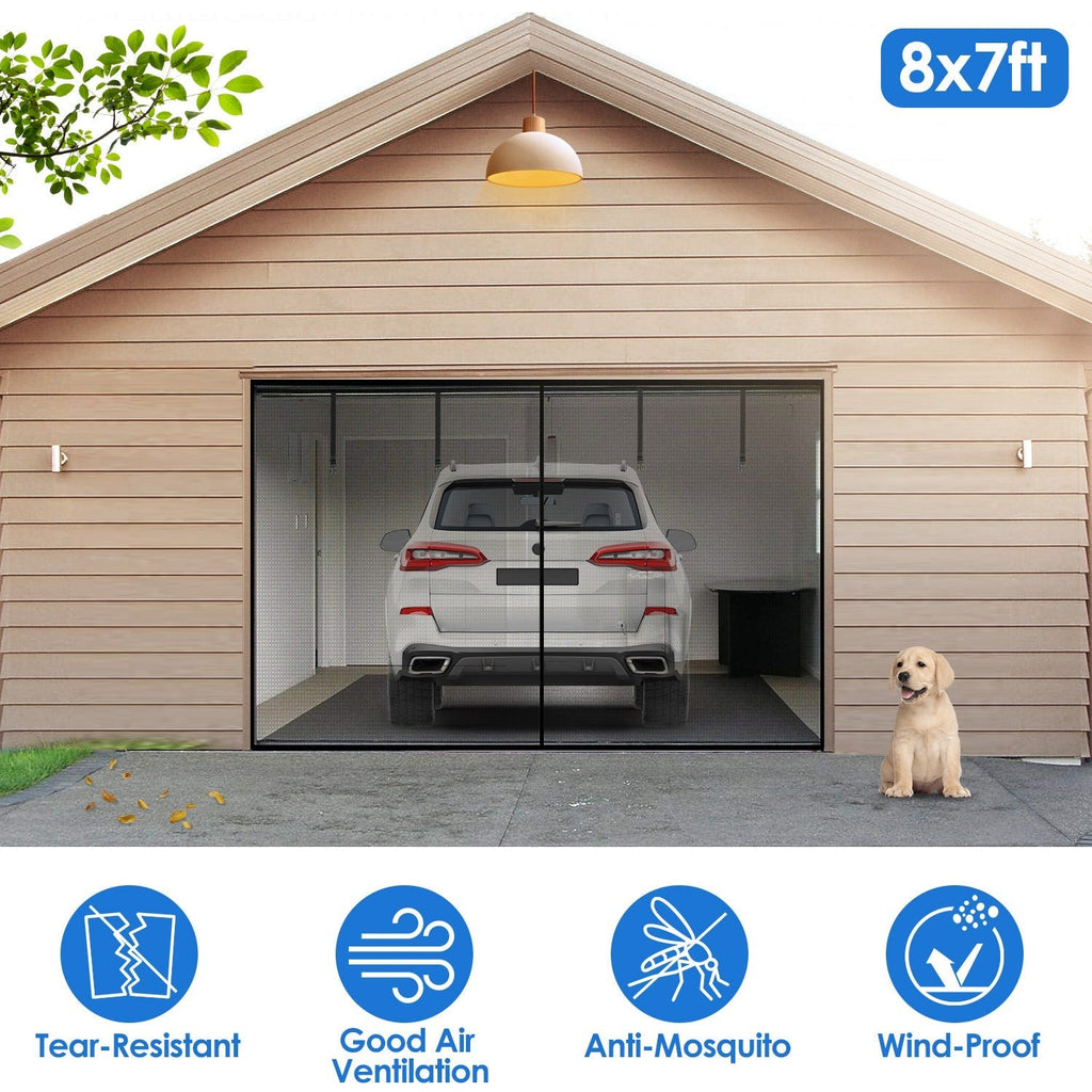 8x7FT Magnetic Garage Door Screen Single-Car Garage Screen Mesh Fiberglass Garage Net with Magnetic Closure 4 Buckle Straps for One Cars