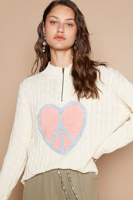 Back To School Sweater - POL Cable-Knit Peace Patch Dropped Shoulder Sweater