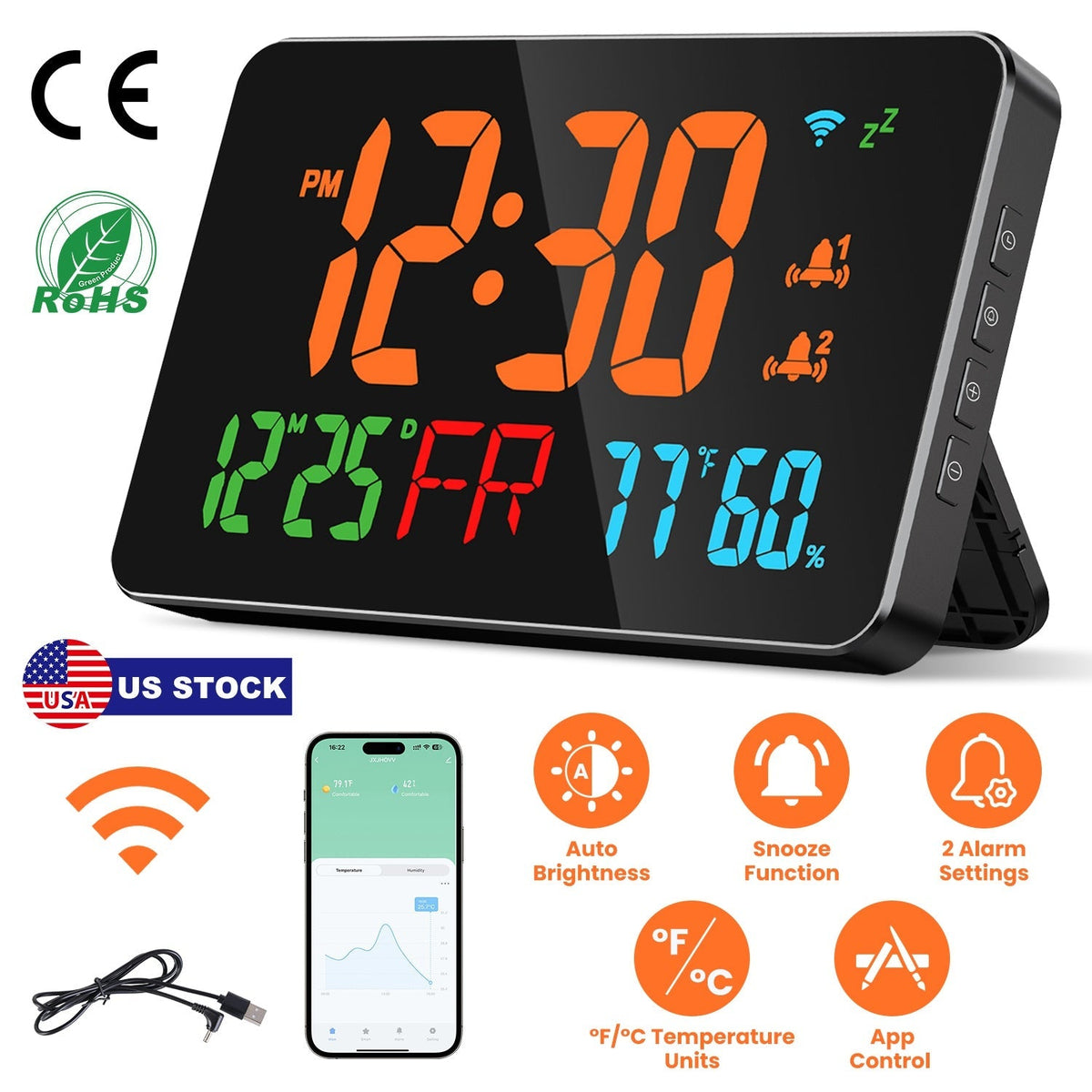 WiFi Auto Set Alarm Clock LED Digital Clock With 2 Alarm Setting Snooze 4 Brightness Levels Auto Light Sensing Temperature Humidify Monitor App Contro