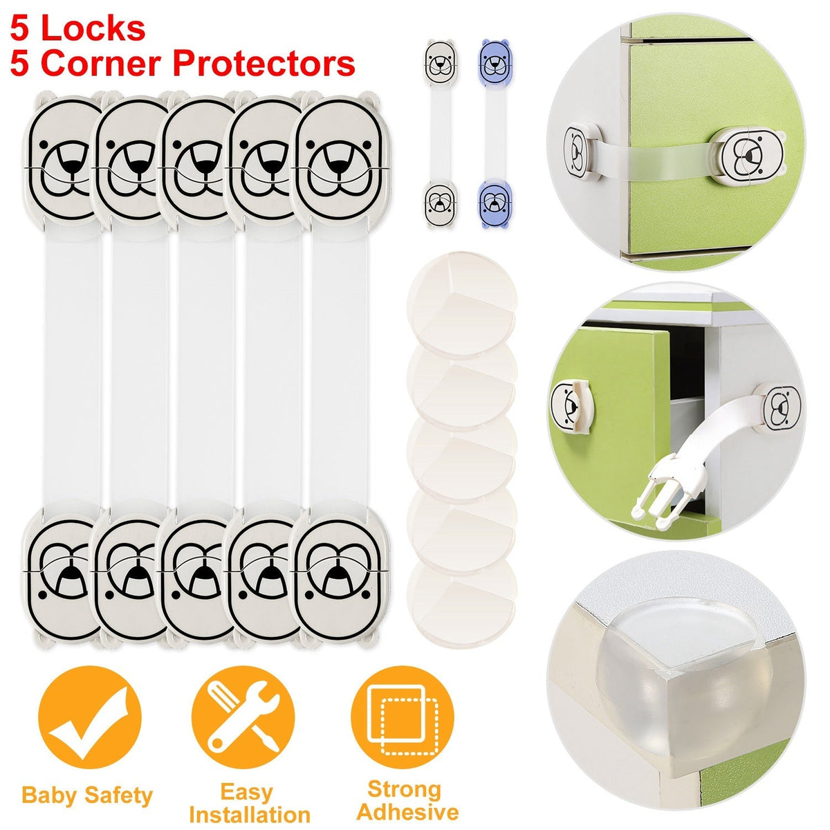 5Pcs Kids Safety Locks w/ 5 Furniture Corner Protectors Drawer Cabinet Strap Locks Baby-Proof Adhesive Fridge Latches Locks