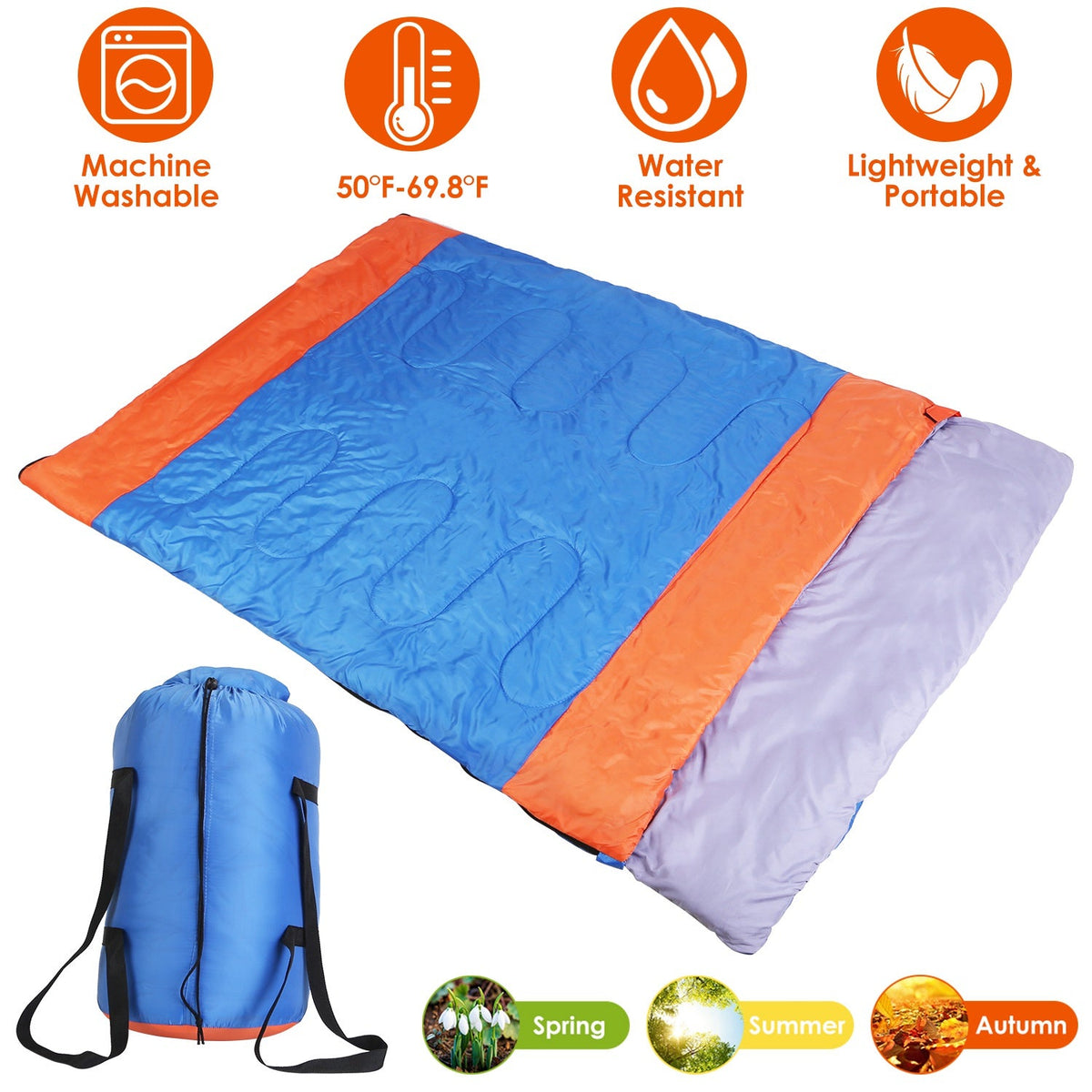 2 People Sleeping Bag for Adult Kids Lightweight Water Resistant Camping Cotton Liner Cold Warm Weather Indoor Outdoor Use 3 Season with Sack for Spri