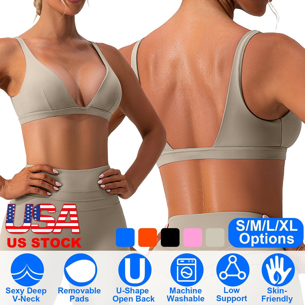Women Deep V-Neck Sports Bras U-Shaped Back Sport Bras Padded StrappyÊCrop Open Back Low Impact Bras SexyÊFitnessÊTank Tops with Removable Pads for Gy