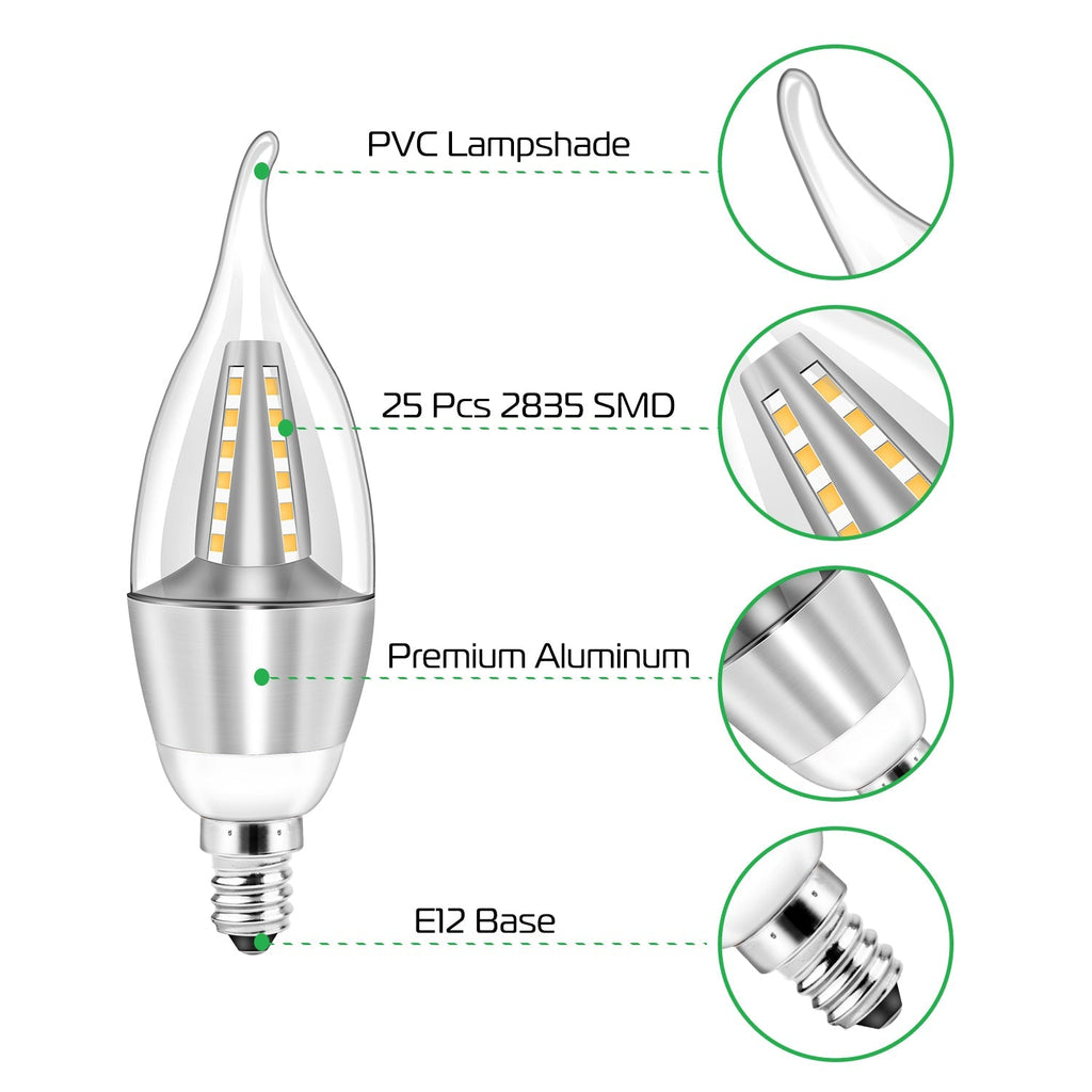 4pcs 5W E12 Candelabra Bulbs 600 LM 50W Equivalent Candle Flame Tip Light Bulb 6500K Cold White Non-Dimmable Lamp