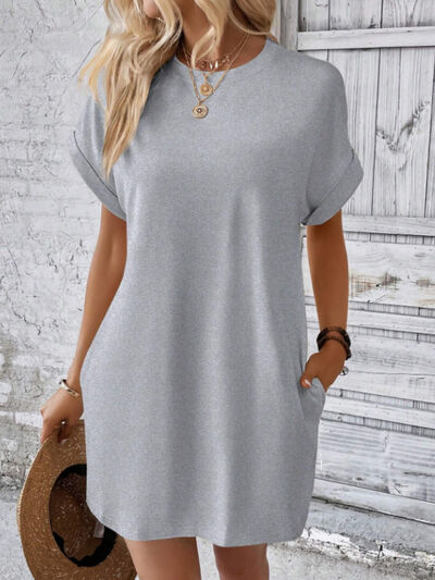Round Neck Short Sleeve Mini Tee Dress with Pockets