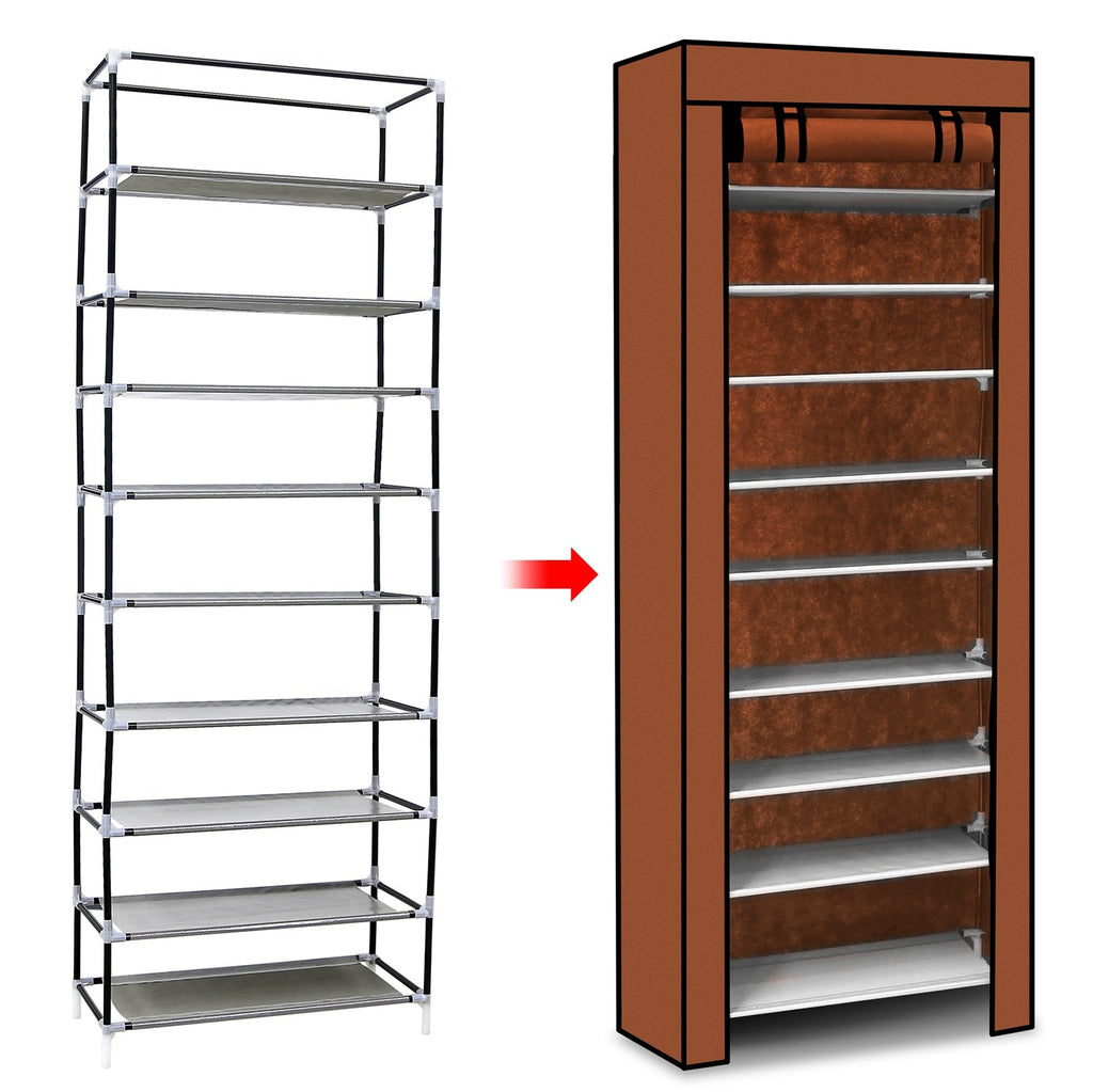 iMounTEK 10 Tiers DIY Shoe Cabinet Dustproof Easy Assemble Tidy Shoe Rack Non-Woven Fabric Holding 27 Pair Shoes Brown