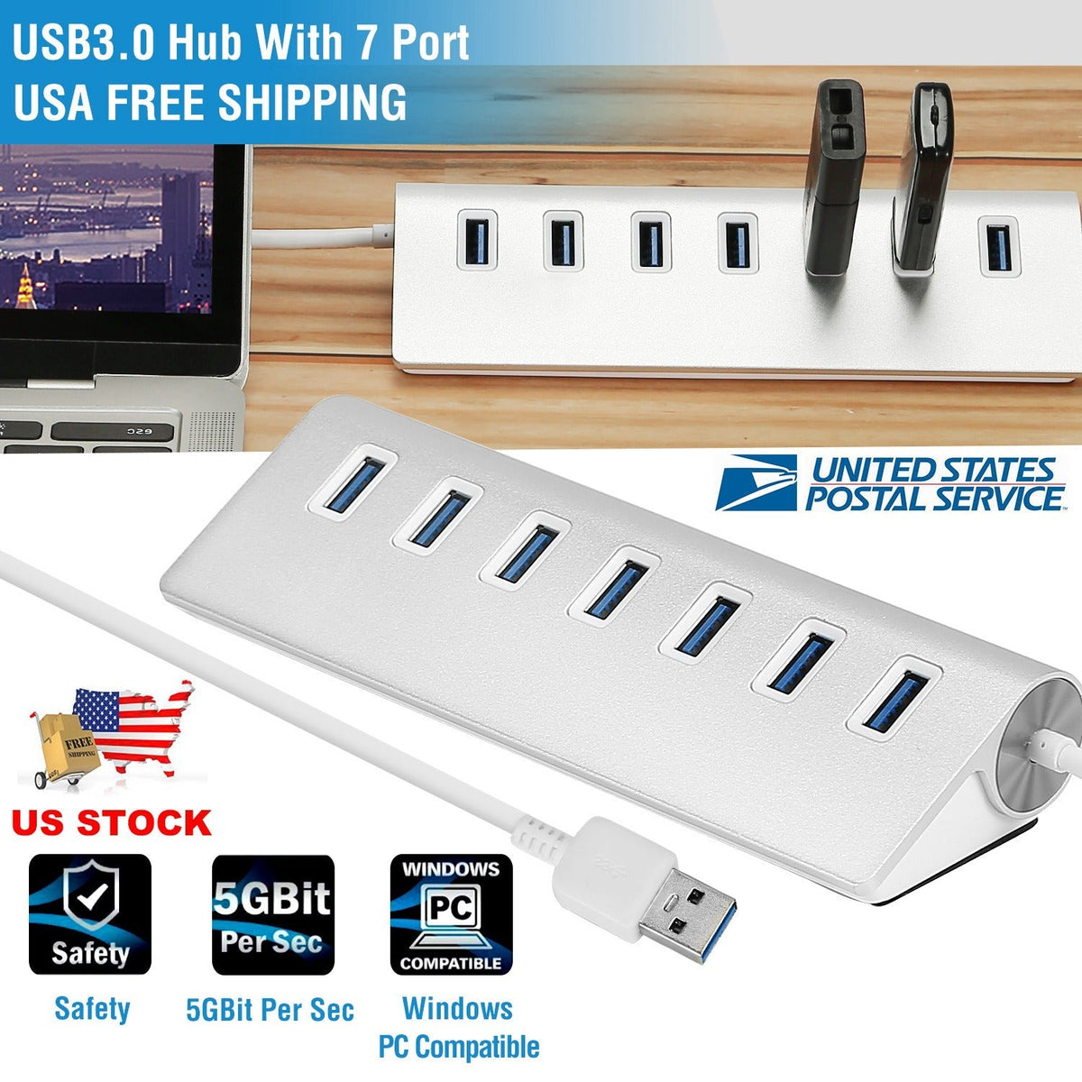 7-Port USB 3.0 Hub Portable Super Speed USB Data Hub with 1ft USB 3.0 Cable for Windows Linux Mac Devices