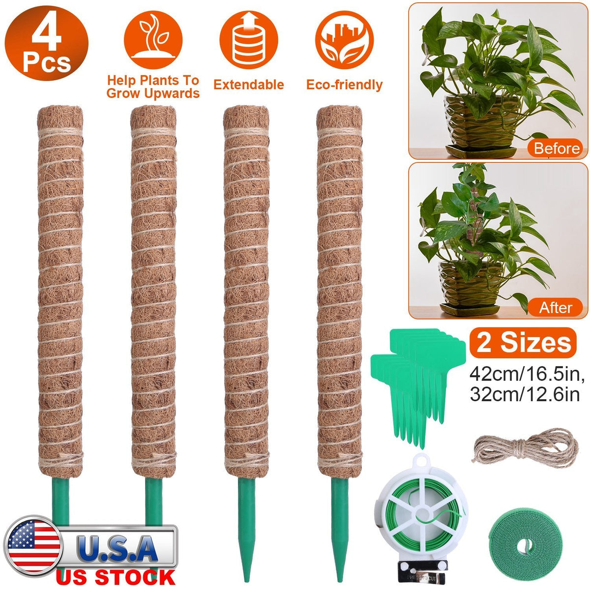 4Pcs Coco Coir Extendable Moss Pole for Climbing Plants Plant Support with 10 Labels 6.6Feet Jute Rope 6.6 Feet Fasten Strap 65.6 Feet Twist Tie Indoo