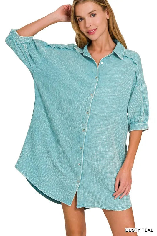 Zenana Washed Double Gauze Button Down Shirt Dress