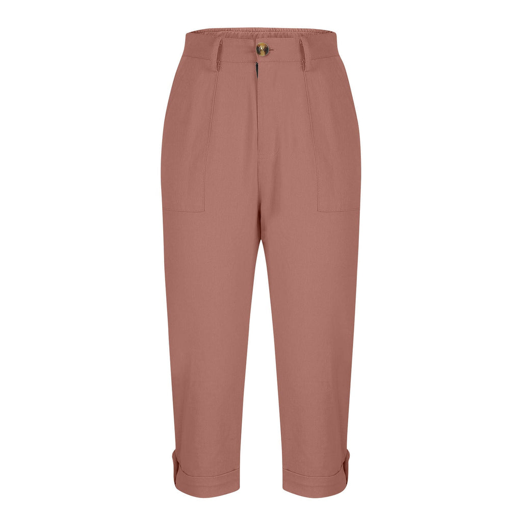 Womens Solid-color Buttoned Roll-up Capri Pants