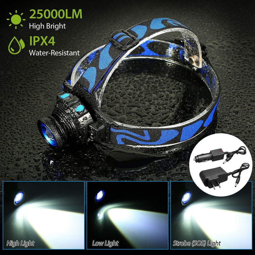 25000 LM Headlamp LED Tactical Headlight Zoomable Flashlight Torch w/Charges Camping