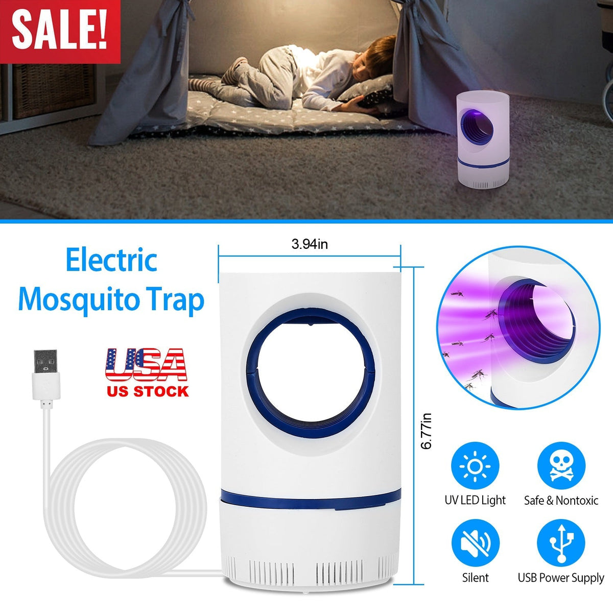 Electric Mosquito Killer Lamp UV Light Mosquito Zapperwith USB Power Supply Portable Fruit Fly Trap Insect Pests Killer Child Safe for Home Kitchen Be