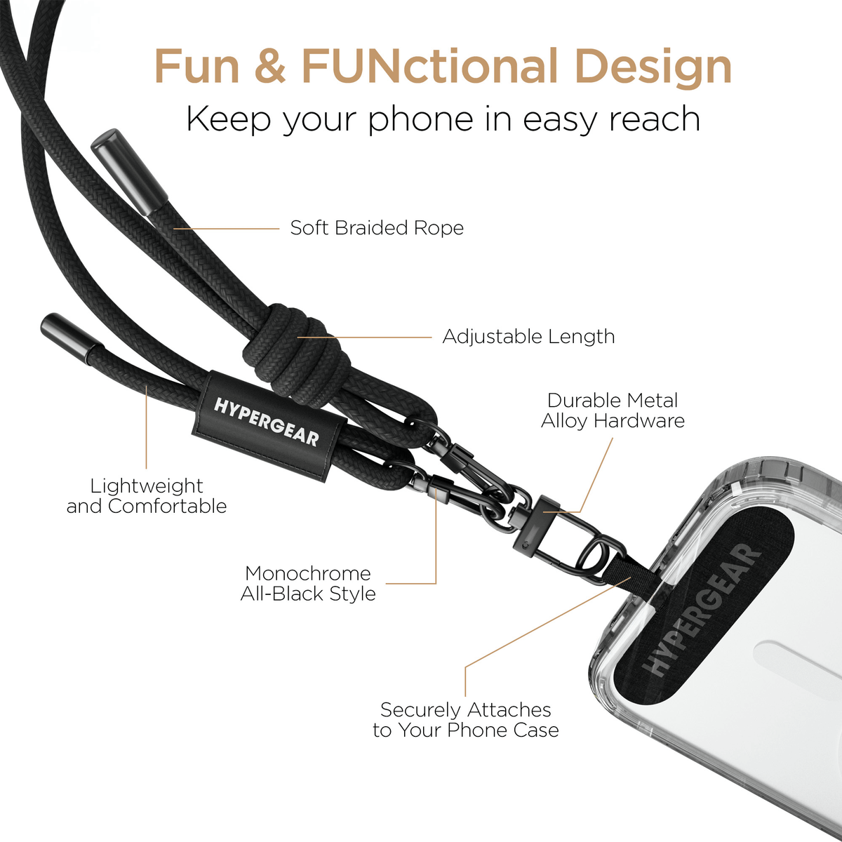 HyperGear TECHcessories Black Braided Rope Universal Crossbody Phone Strap