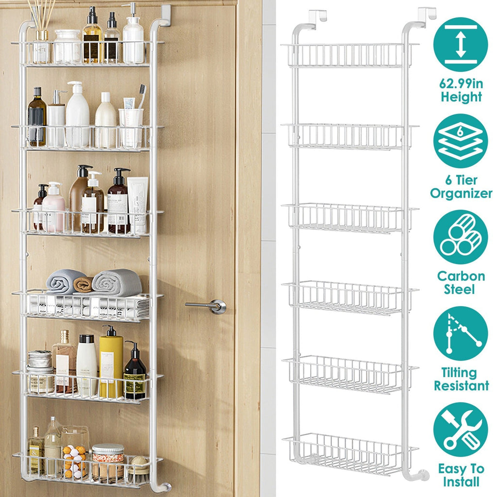6 Tier Over Door Pantry Organizer Hanging Hooks Door Storage Rack Carbon Steel Basket 62.99in Over Door Shelf for Kitchen Bathroom