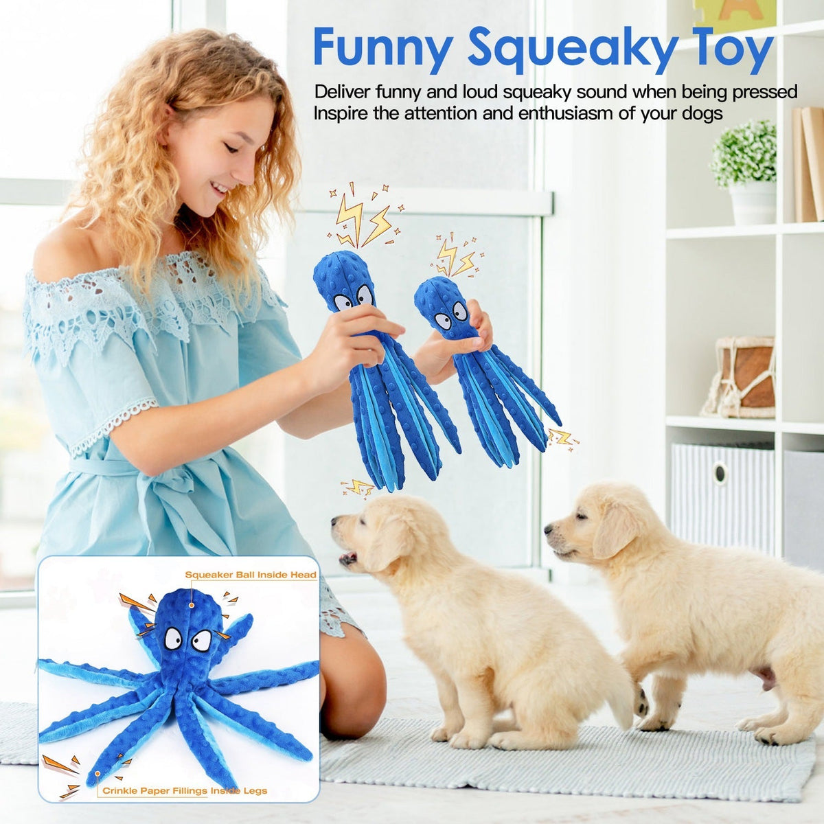 2Pcs Squeaky Dog Toys No Stuffing Crinkle Plush Octopus Dog Teething Toy Interactive Dog Toy Dog Training Toy For Puppy Small Medium Large Dog