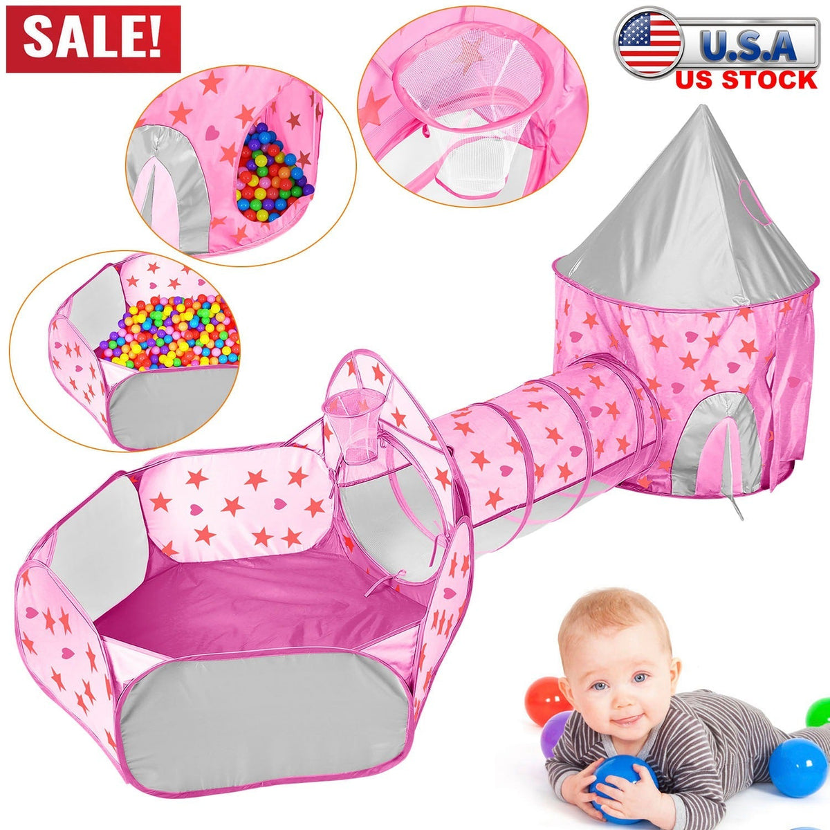 3 In 1 Child Crawl Tunnel Tent Kids Play Tent Ball Pit Set Foldable Children Play House Pop-up Kids Tent w/Storage Bag For Indoor Outdoor Travel Use