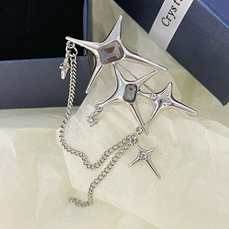 Four Eight-Pointed Stars Zircon Chain Brooch