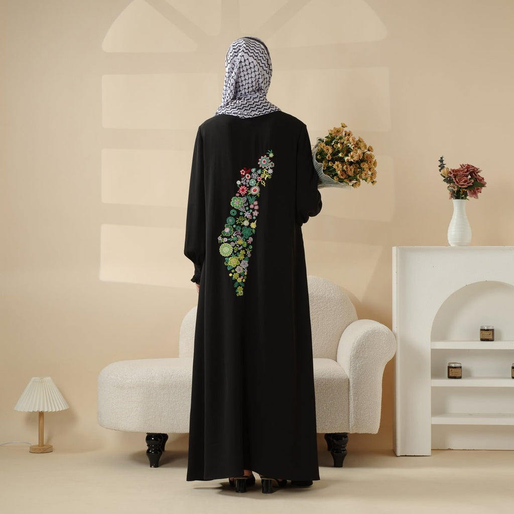 Modest Pullover Abaya with Palestinian Embroidery, Elegant Ruffled Cuff Maxi Dress (MA141)
