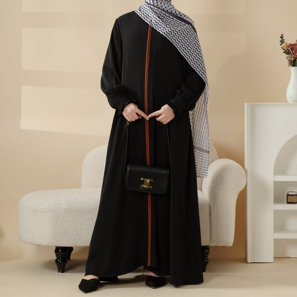 Modest Pullover Abaya with Palestinian Embroidery, Elegant Ruffled Cuff Maxi Dress (MA141)