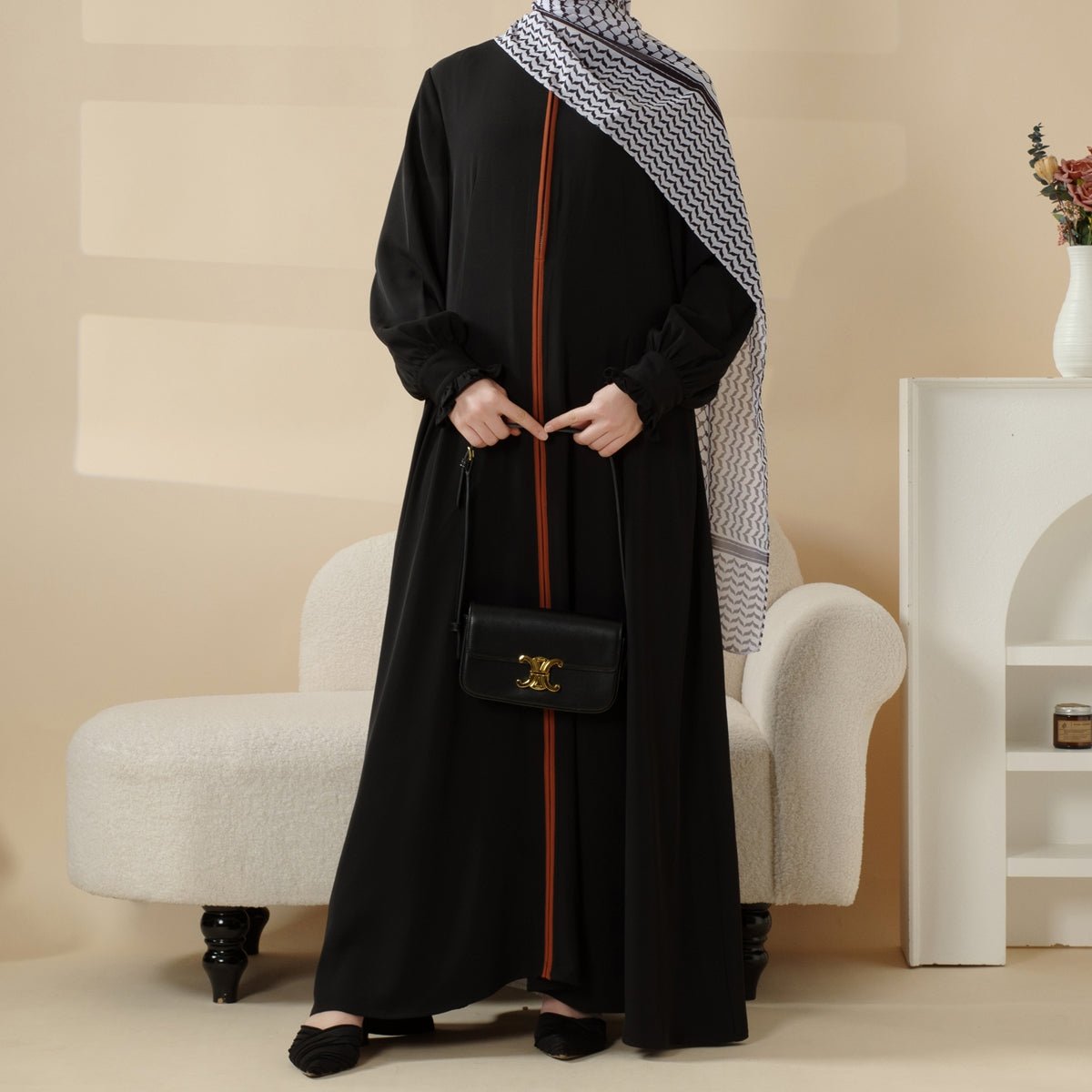 Modest Pullover Abaya with Palestinian Embroidery, Elegant Ruffled Cuff Maxi Dress (MA141)