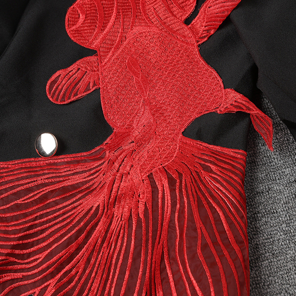 Embroidered goldfish patchwork irregular mesh suit loose jacket for women