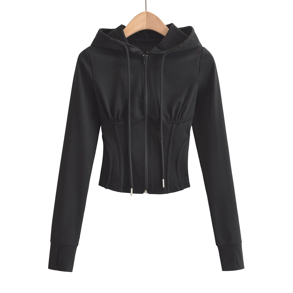 Slim fit drawstring hooded zipper top