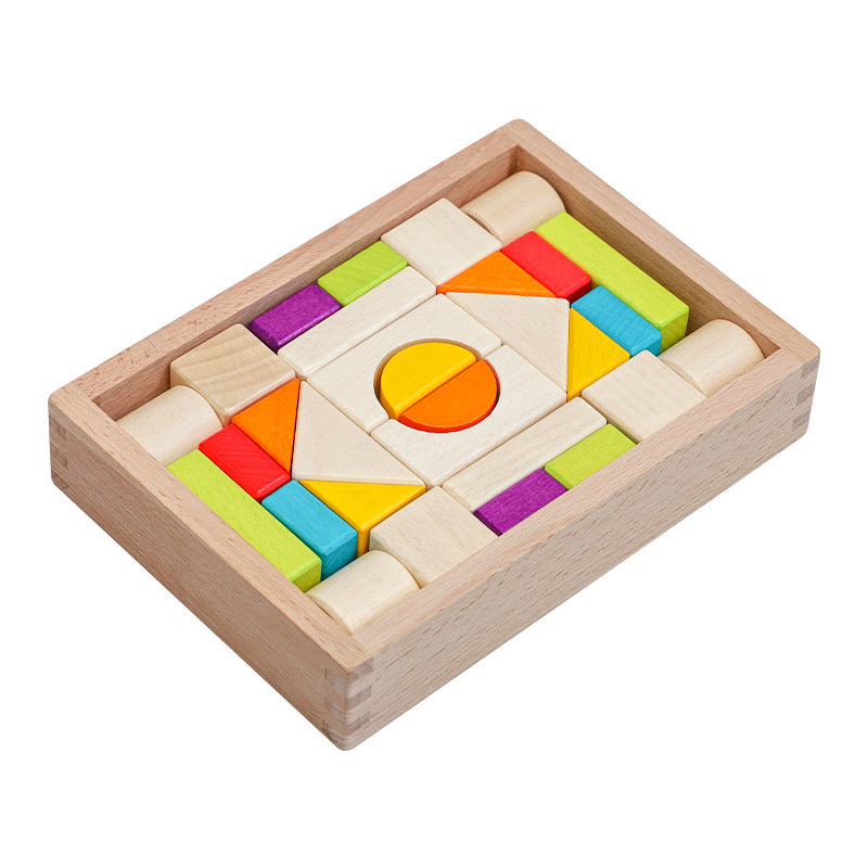 Wooden box packed building blocks, shape recognition, creativity, assembly thinking, exercise, color recognition, early education, interactive wooden toys