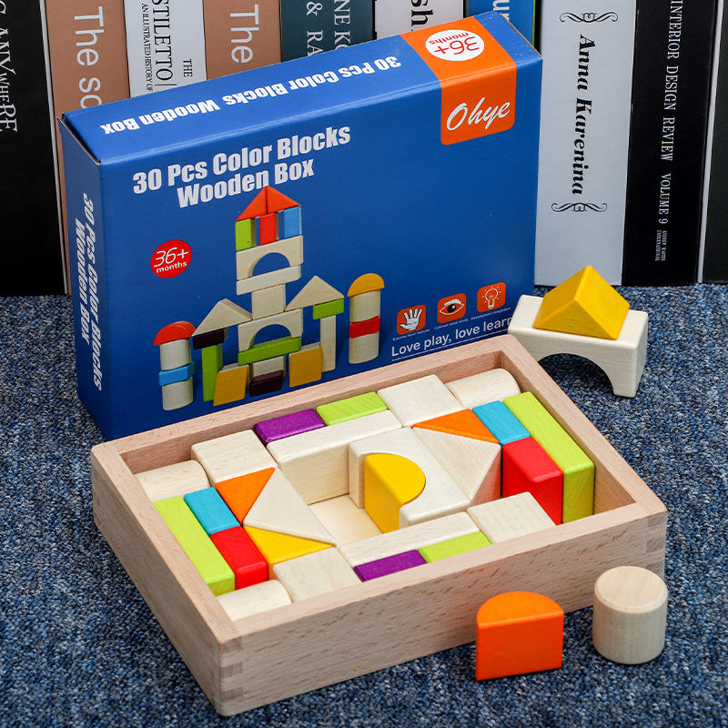 Wooden box packed building blocks, shape recognition, creativity, assembly thinking, exercise, color recognition, early education, interactive wooden toys