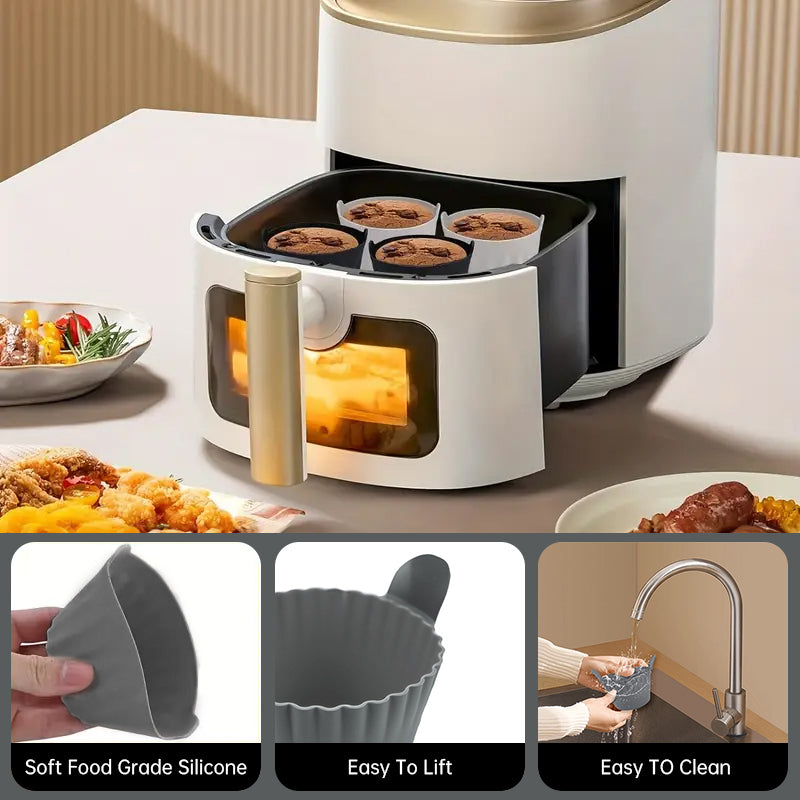 4-6 reusable silicone air fryer liners & baking cups – non-stick kitchen tools for eggs, cakes, meatballs.