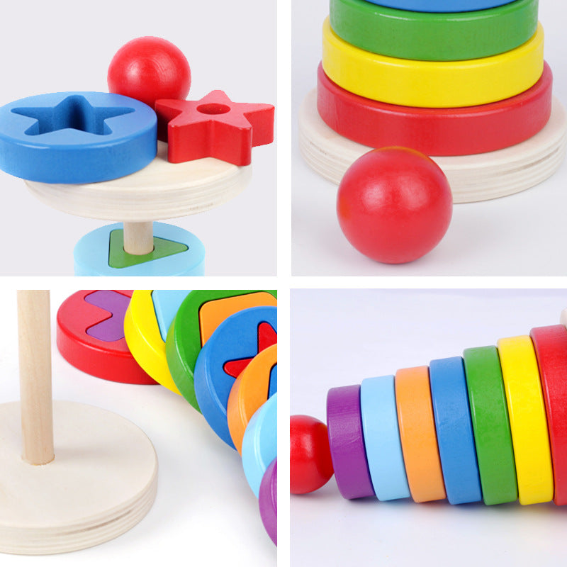 Wooden geometric circular stacking building blocks children's early education puzzle rainbow tower assembly Christmas toy gift