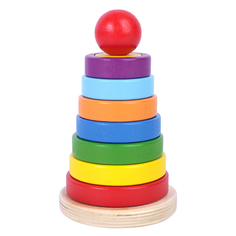 Wooden geometric circular stacking building blocks children's early education puzzle rainbow tower assembly Christmas toy gift