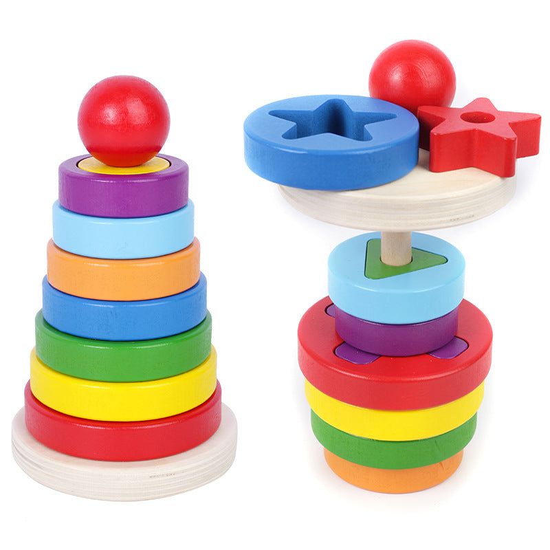 Wooden geometric circular stacking building blocks children's early education puzzle rainbow tower assembly Christmas toy gift