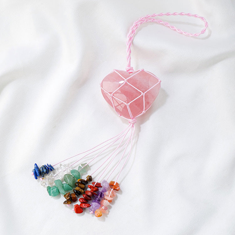 Pink Crystal Love Pendant Pink Crystal Original Stone Heart shaped Peach Heart Colorful Crushed Stone Tassel Pendant
