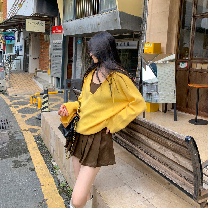 Chiffon Hooded Deep V-Neck Outerwear Long Sleeve Knit Sweater for Women