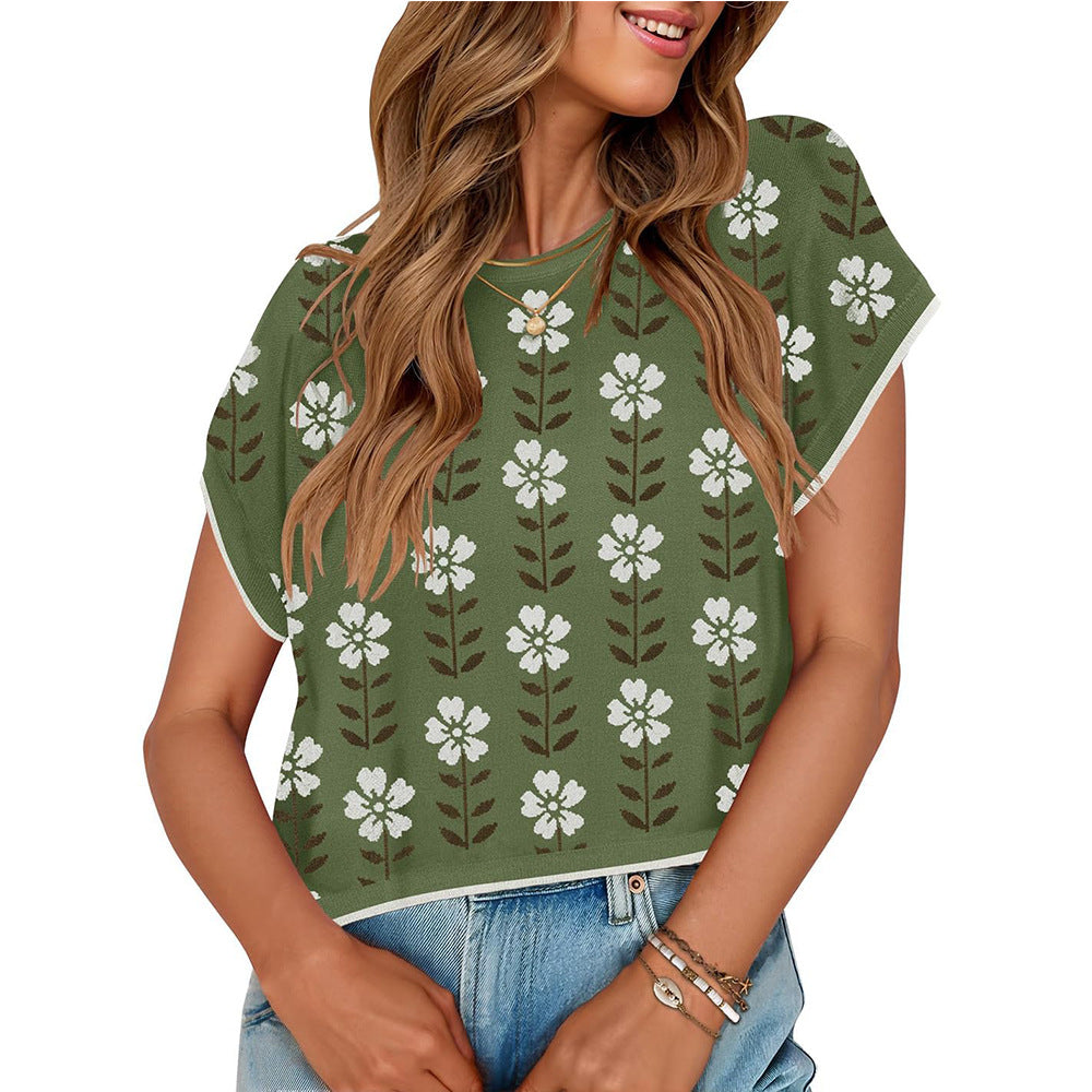 European and American round neck knitted small flower top