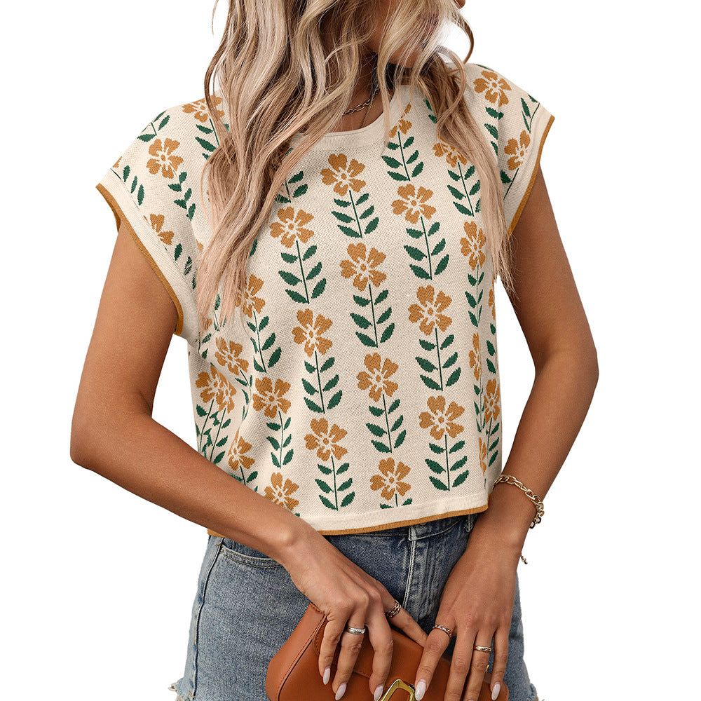European and American round neck knitted small flower top