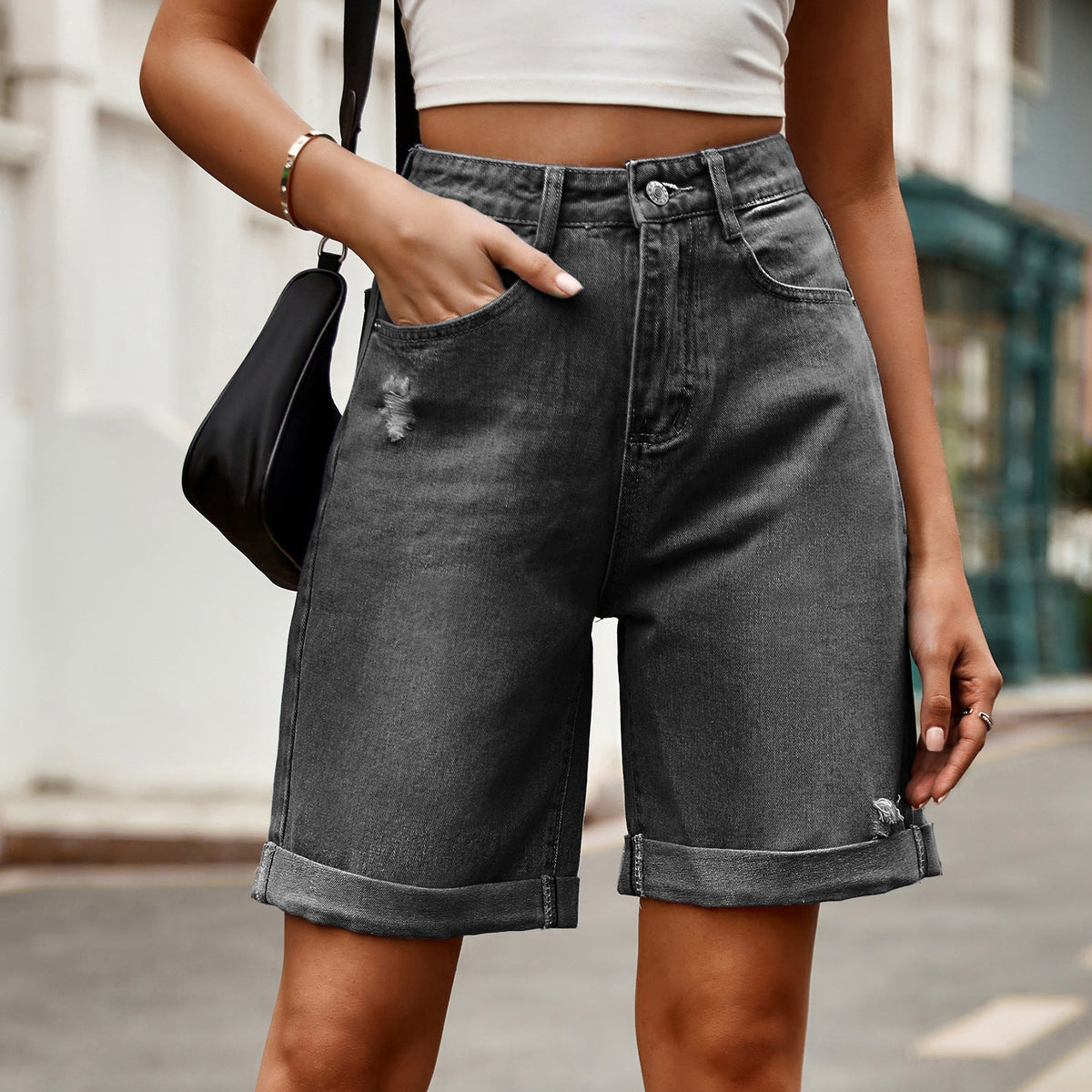 European and American women's perforated rolled edge five quarter denim shorts casual pants
