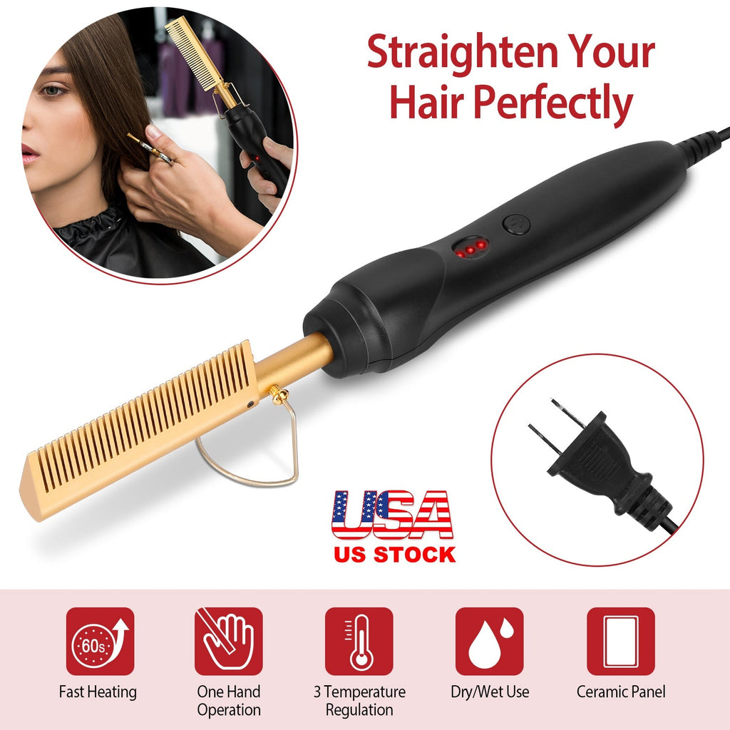 Electric Heating Hair Comb PTC Ceramic Hair Straightener Curler Brush Hair Straight Styler Wet Dry Use w/ 3 Temperature Adjustment
